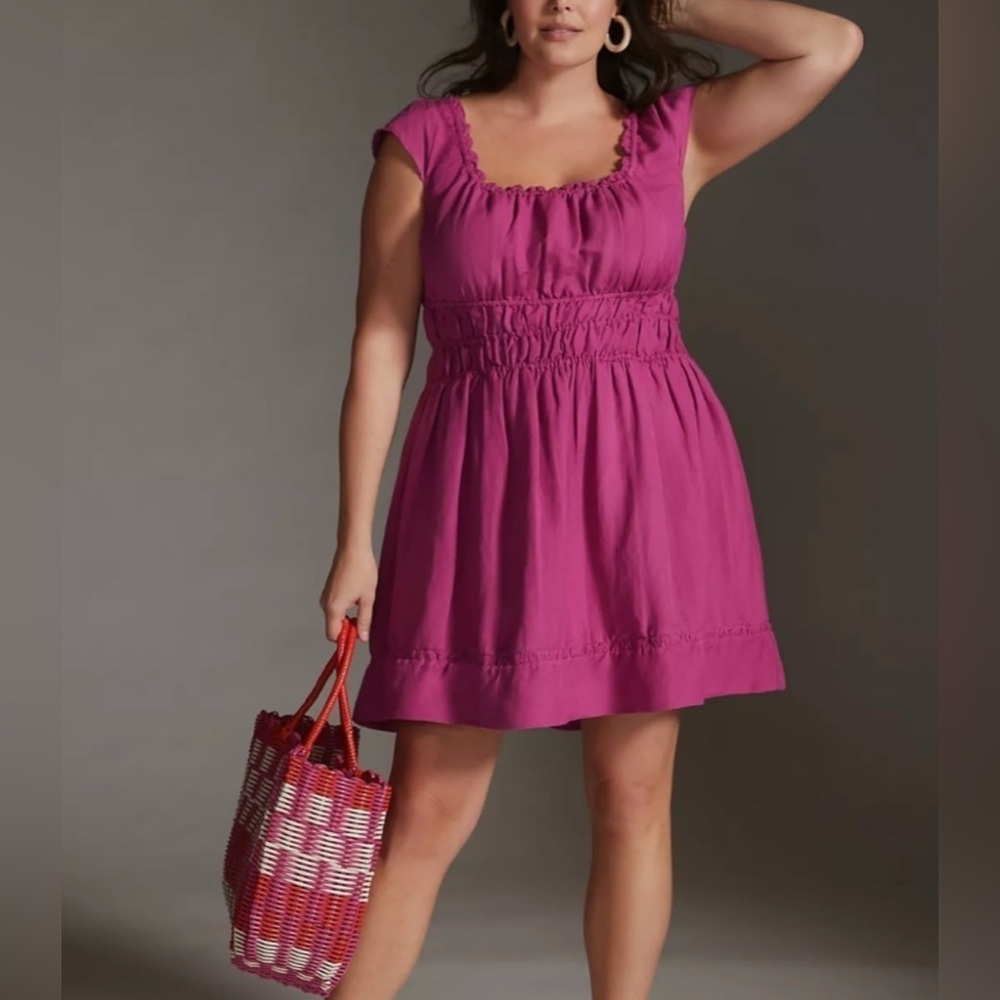 Anthropologie Smocked Waist Mini Dress Linen Cotton Short Sleeve Elastic Waist